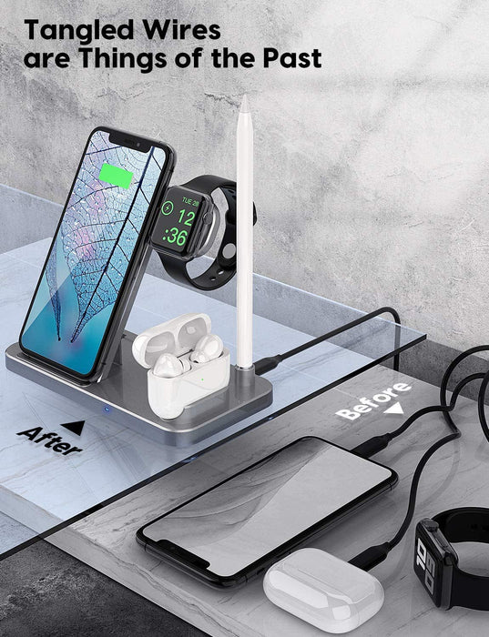4 in 1 Wireless Charging Station, Qi-Certified Fast Charging Dock Stand for Apple Watch Series, AirPods & Pencil, Compatible with iPhone & Samsung