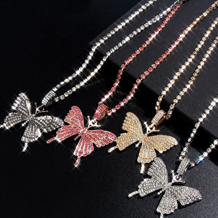 Flatfoosie New Bling Crystal Butterfly Pendant Necklace for Women Rock Fashion Four Colors Animal Rhinestone Party Jewelry Gift