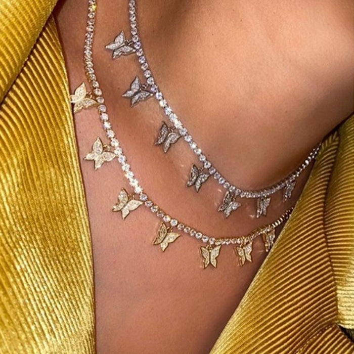 Flatfoosie Charm Crystal Butterfly Pendant Necklace Luxury Rhinestone Shining Tennis Chain Choker Necklace for Women Jewellery
