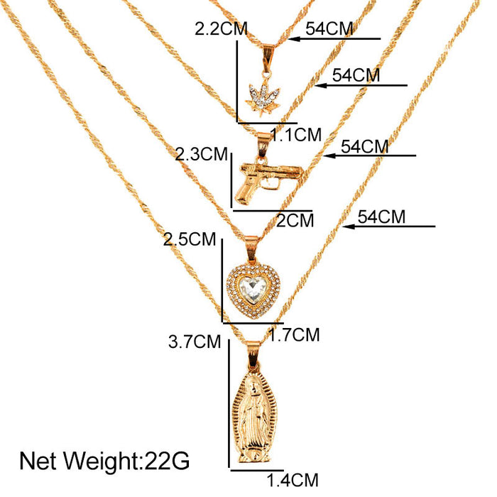 Flatfoosie New Multilayer Portrait Pistol Pendant Necklaces For Women Punk Heart Leaf Crystal Choker Necklace Jewelry Party Gift