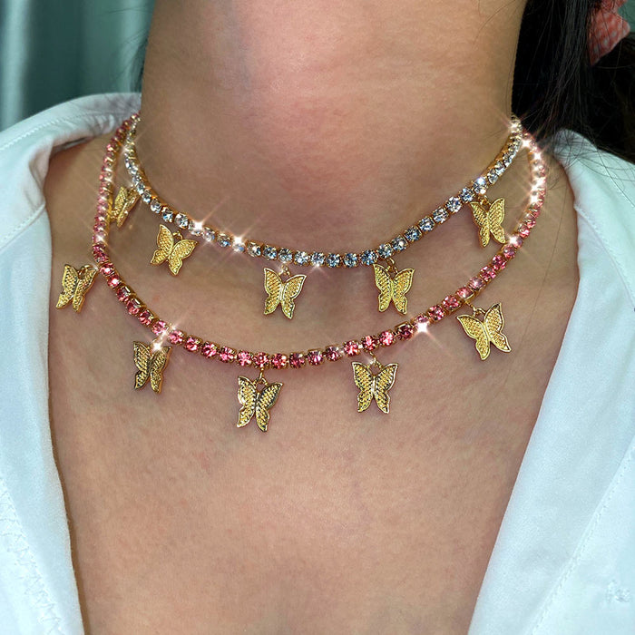 Flatfoosie Charm Crystal Butterfly Pendant Necklace Luxury Rhinestone Shining Tennis Chain Choker Necklace for Women Jewellery