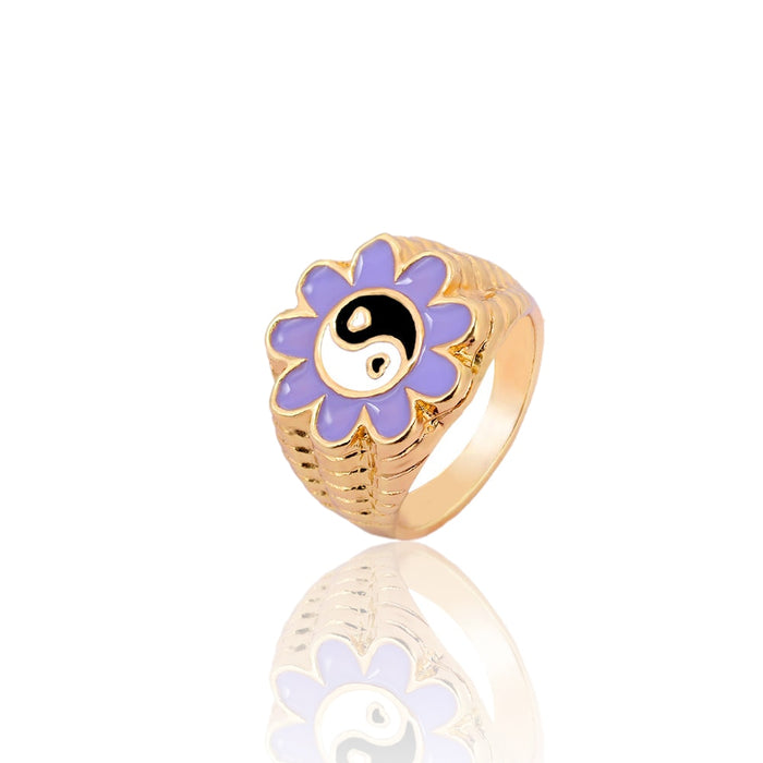 Flatfoosie Trendy New Love Heart Yin Yang Rings For Women Gold Silver Color Enamel Flowers Smiley Face Rings Couple Jewelry Gift