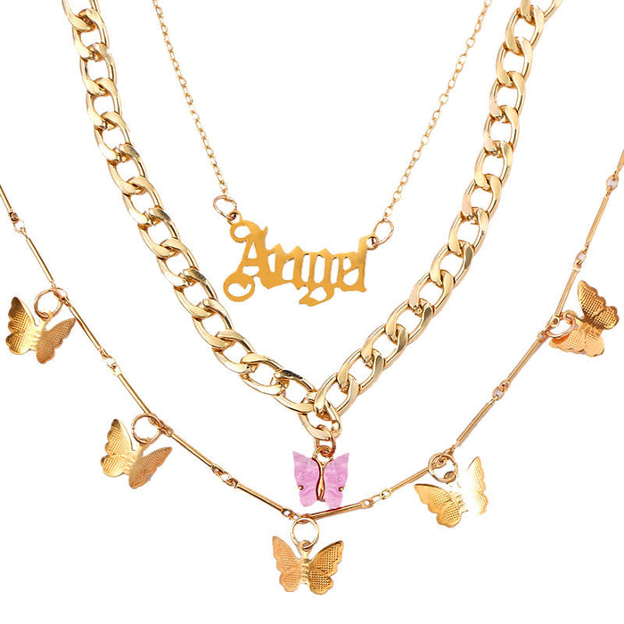Flatfoosie Multi Layer Butterfly Choker Necklace For Women Gold Color Punk Letter Pistol Dragon Pendant Necklace Fashion Jewelry