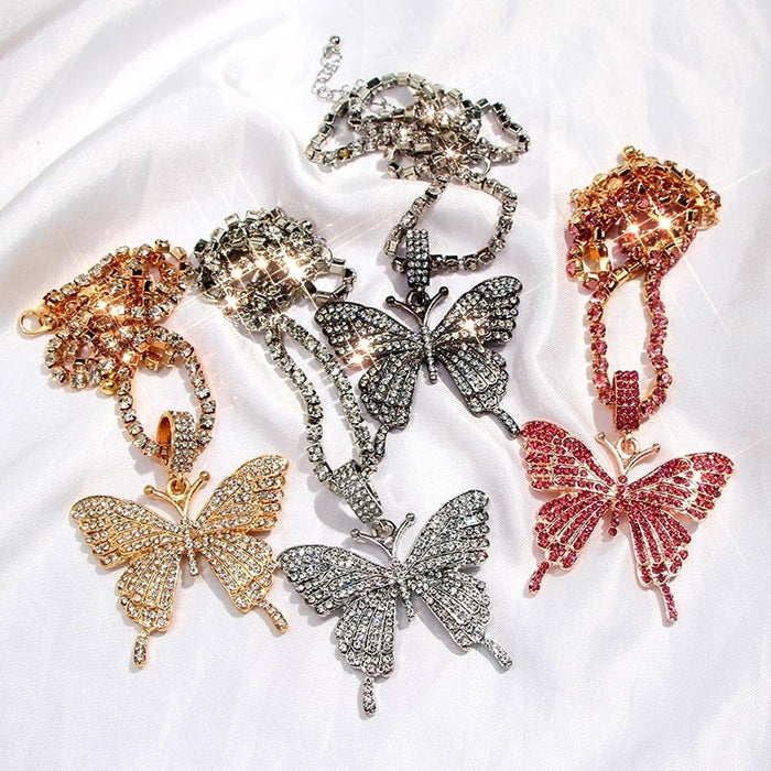 Flatfoosie New Bling Crystal Butterfly Pendant Necklace for Women Rock Fashion Four Colors Animal Rhinestone Party Jewelry Gift
