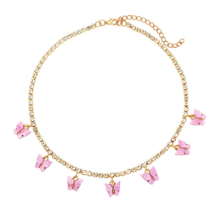 Flatfoosie Fashion Charm Butterfly Pendant Necklace for Women Gold Color Bling Rhinestone Tennis Chain Necklace Party Jewelry