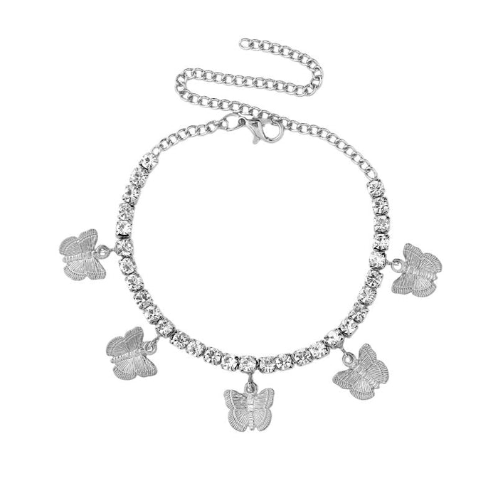 Flatfoosie Bling Rhinestone Cherry Butterfly Anklet for Women Luxury Crystal Chain Anklet Bracelet Beach Barefoot Chain Jewelry