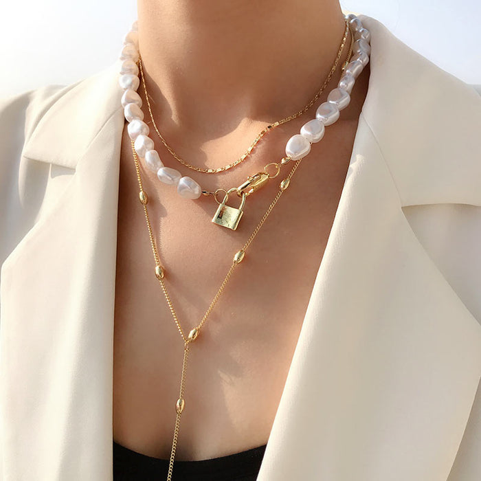 Imitation Pearl Choker Necklace Collar Statement Multi-layer Gold Long Chain Coin Pendant Necklace For Women Jewelry