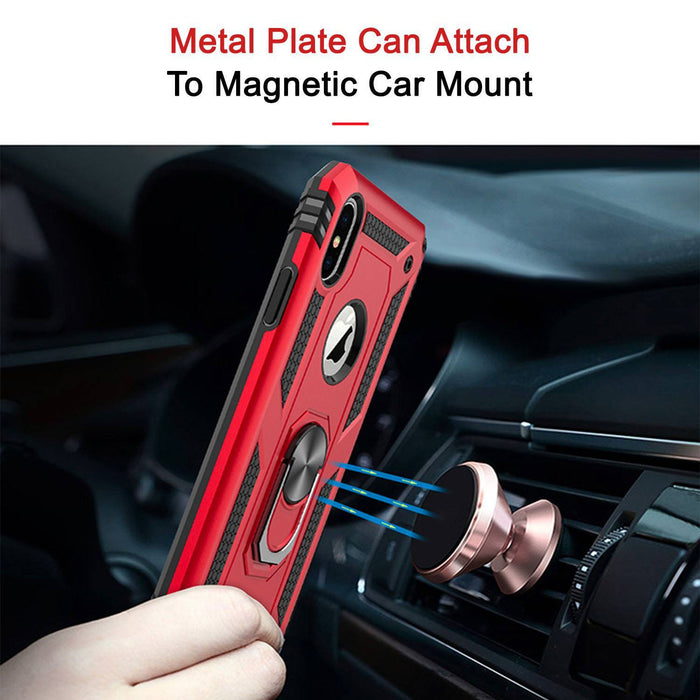iPhone X / Xs Heavy Duty Case with Tempered Glass Screen Protector [2 Pack], Phone Case with Magnetic Metal Car Mount Ring Kickstand