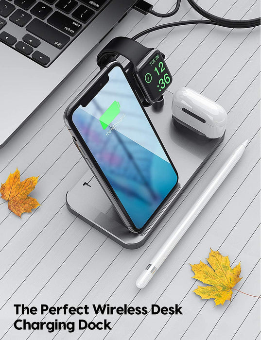 4 in 1 Wireless Charging Station, Qi-Certified Fast Charging Dock Stand for Apple Watch Series, AirPods & Pencil, Compatible with iPhone & Samsung